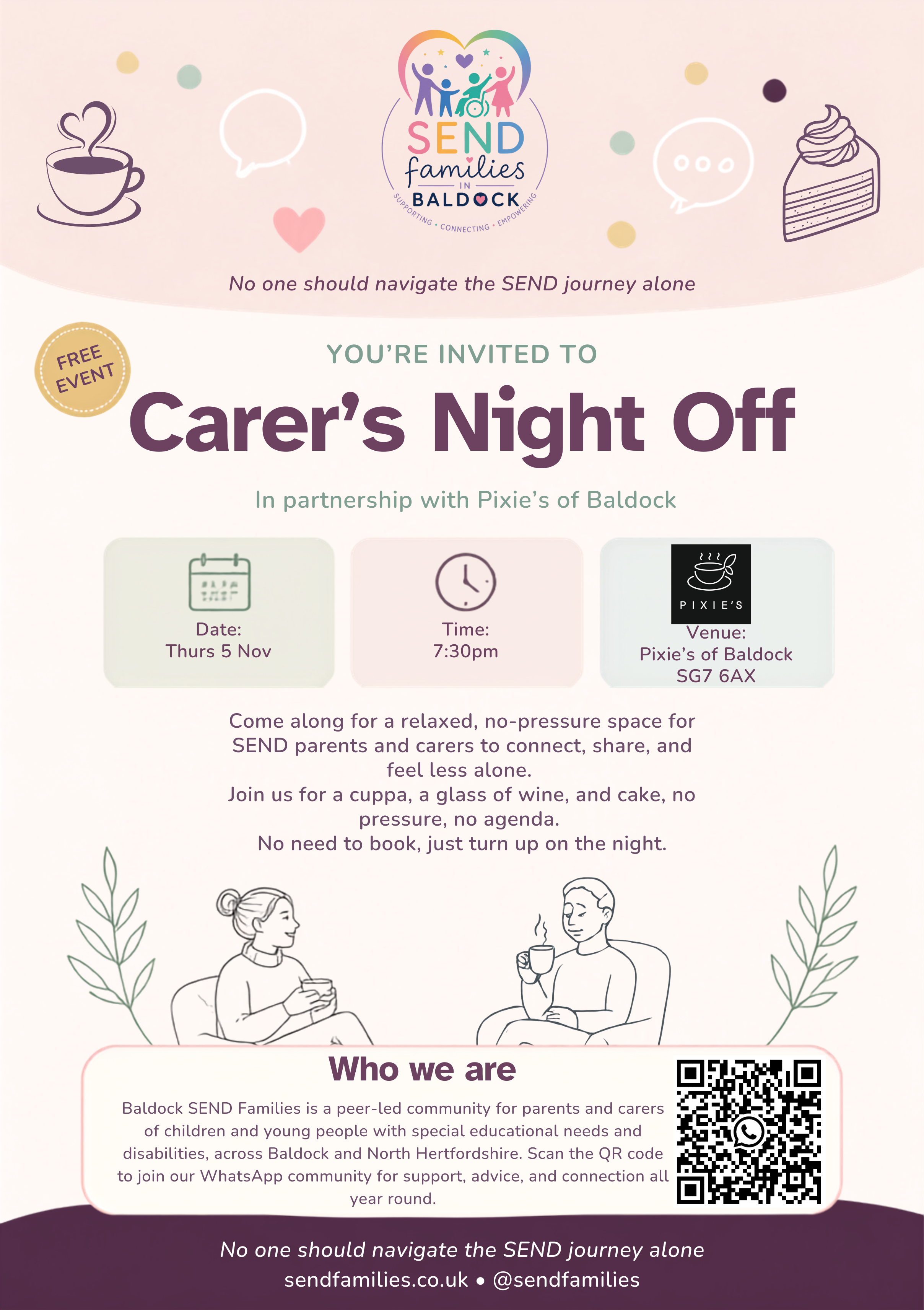 Flyer for Carer’s Night Off on Thursday 5 November, 7:30pm at Pixie’s of Baldock